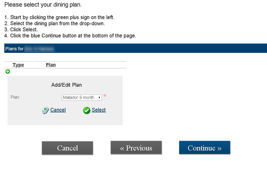 Select a dining plan